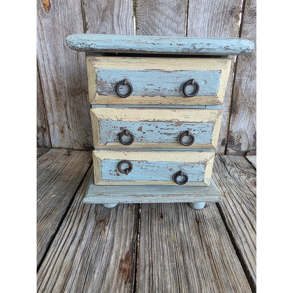 Rustic Distressed Wood Mini Chest 3 Drawers Blue Cream Trinket Jewelry Box 7.5in